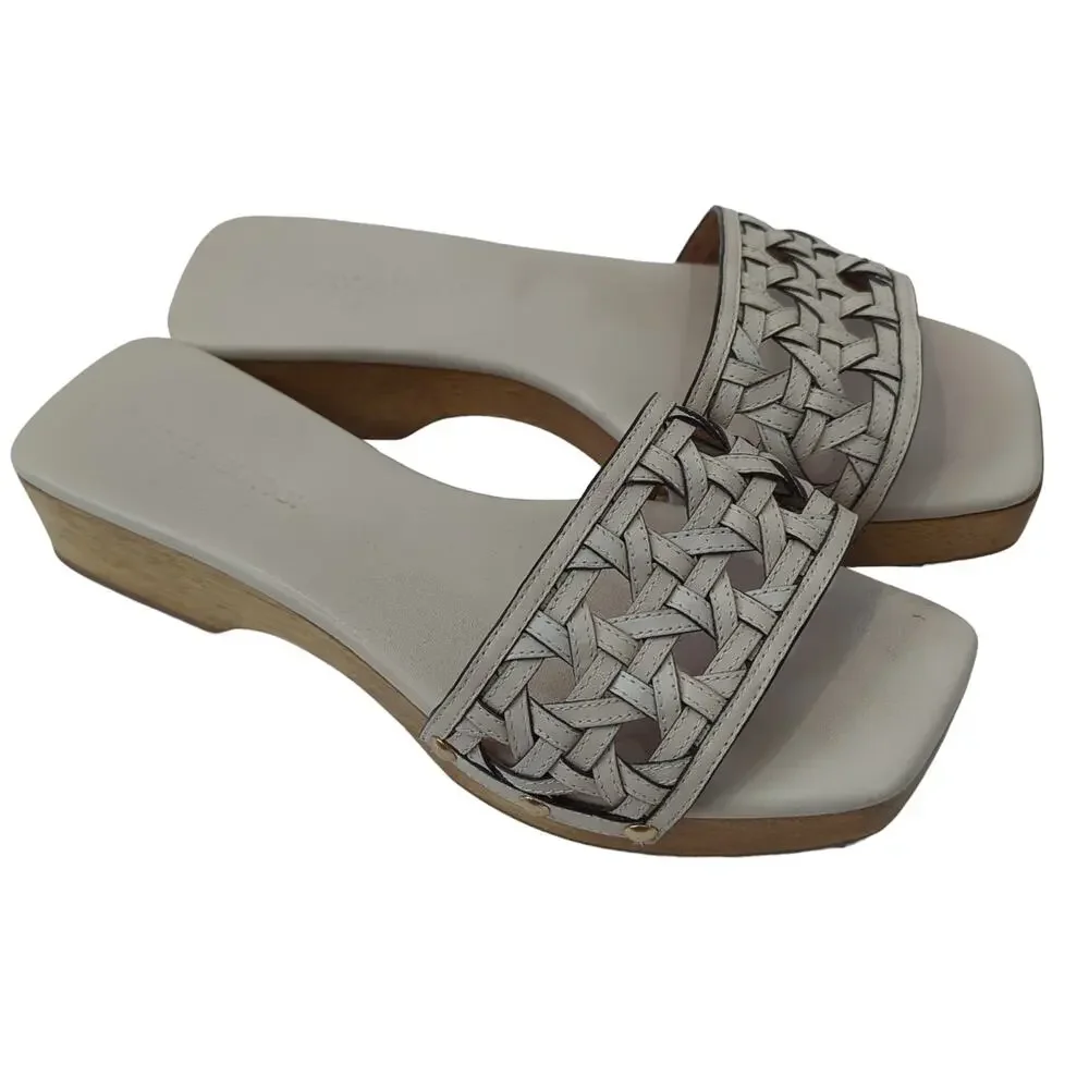 Tory Burch Basket Weave Clog In Almond Flour Cream 8.5 Women's Square Toe Sandal